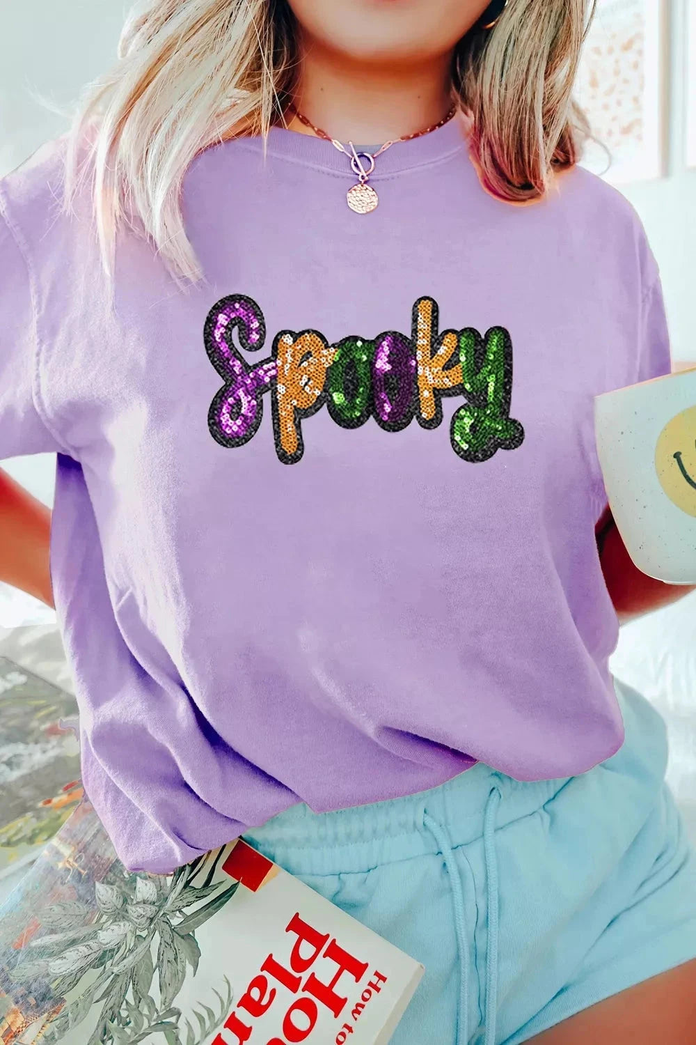 Spooky Sequin Letter Cotton T Shirt