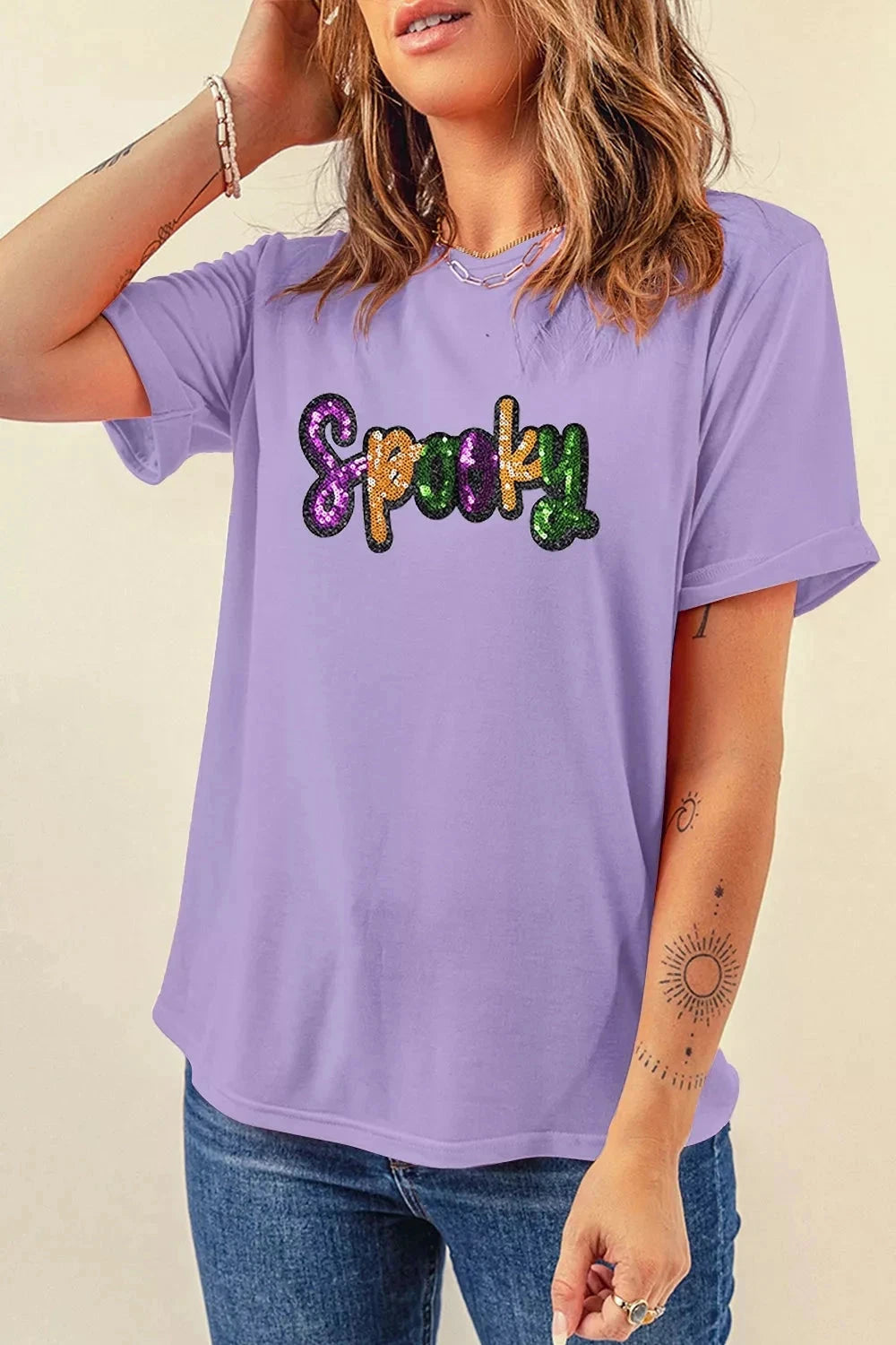 Spooky Sequin Letter Cotton T Shirt