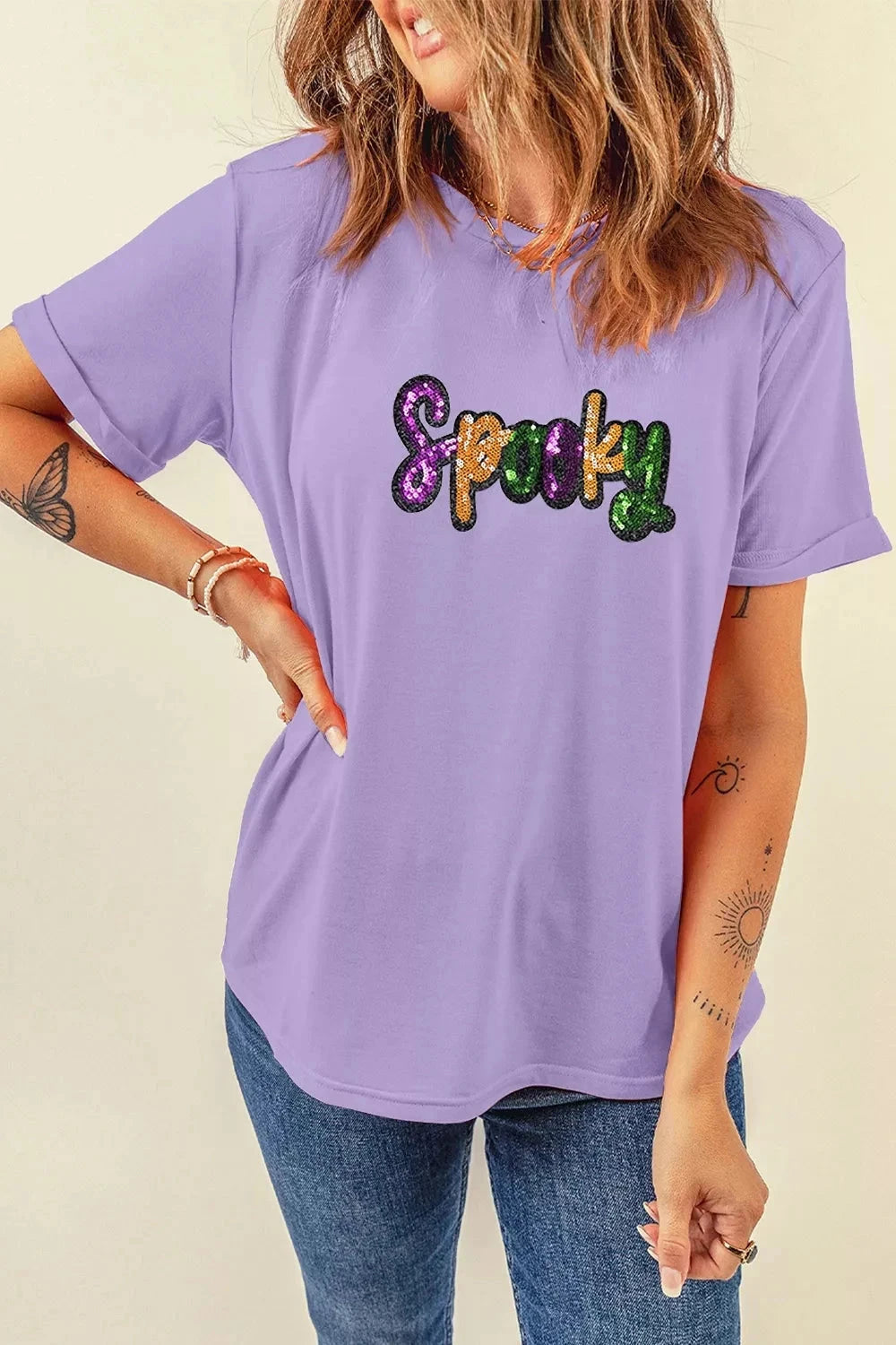 Spooky Sequin Letter Cotton T Shirt