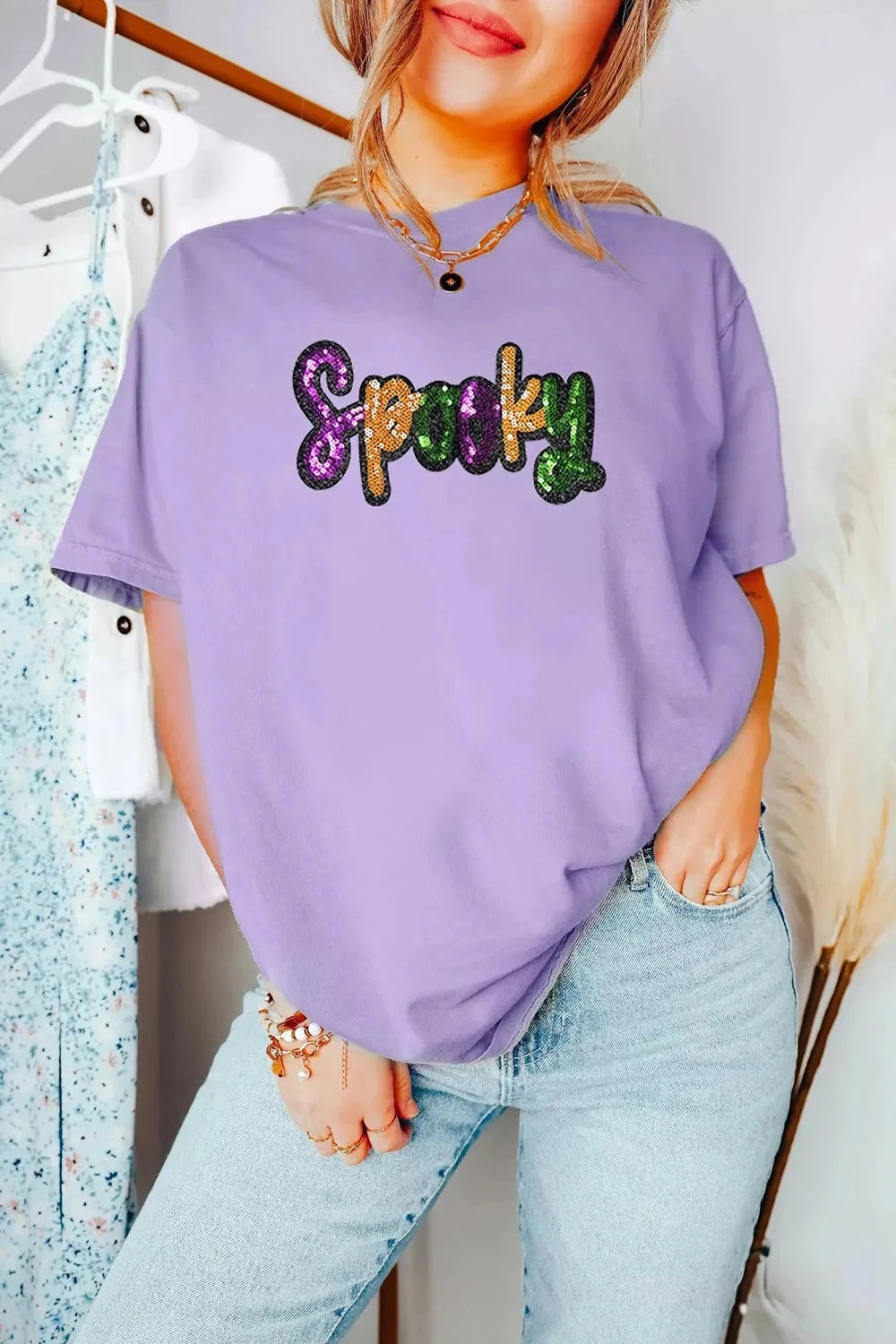 Spooky Sequin Letter Cotton T Shirt