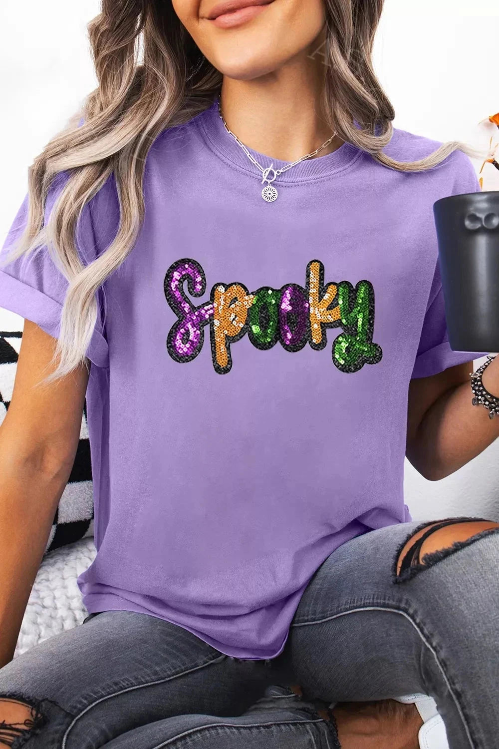 Spooky Sequin Letter Cotton T Shirt